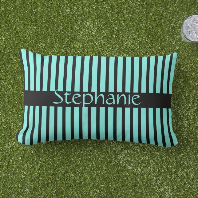 Teal Blue Black Custom Name Stripes Gift Favour Lumbar Pillow (Grass)