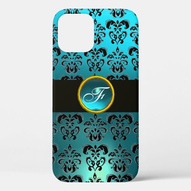 TEAL BLUE BLACK DAMASK GEM STONE MONOGRAM   Case-Mate iPhone CASE (Back)