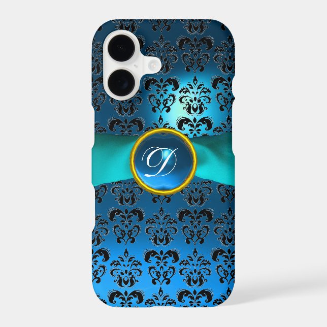 TEAL BLUE BLACK DAMASK GEMSTONE MONOGRAM (Back)