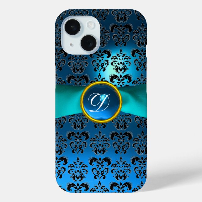 TEAL BLUE BLACK DAMASK GEMSTONE MONOGRAM Case-Mate iPhone CASE (Back)