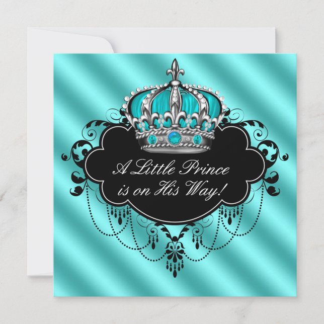 Teal Blue Black Damask Prince Baby Boy Shower Invitation (Front)