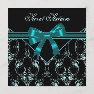 Teal Blue Black Damask Sweet 16 Party Invitation
