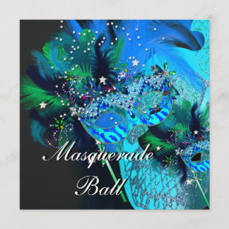 Teal Blue Black Masks Masquerade Ball Party Invitation