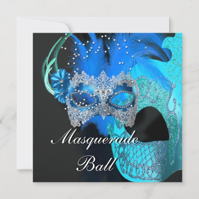 Teal Blue Black Masks Masquerade Ball Party Invitation (Front)