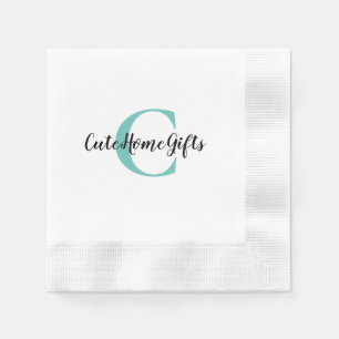 Teal Blue Black Monogram Name Cocktail Napkin
