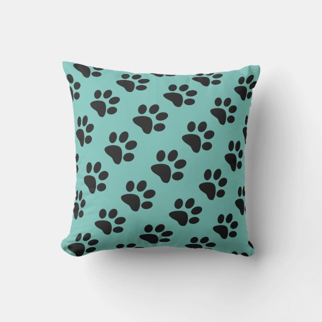 Teal Blue Black Paw Prints Patterns Cute Cool Gift Outdoor Pillow (Front)