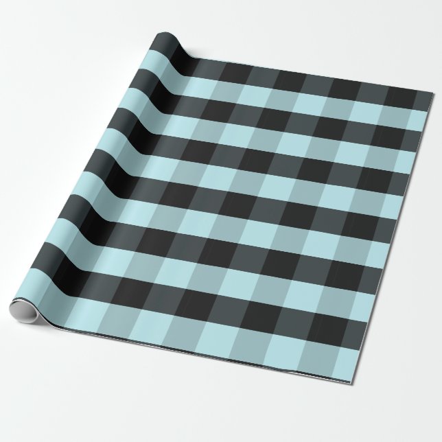 Teal Blue Black Plaid Checked Wrapping Paper (Unrolled)
