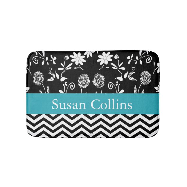 Teal Blue Black & White Chevron & Floral Pattern Bath Mat (Front)