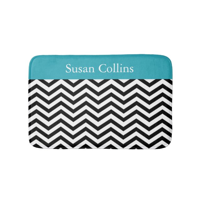 Teal Blue Black & White Chevron Pattern Bath Mat (Front)