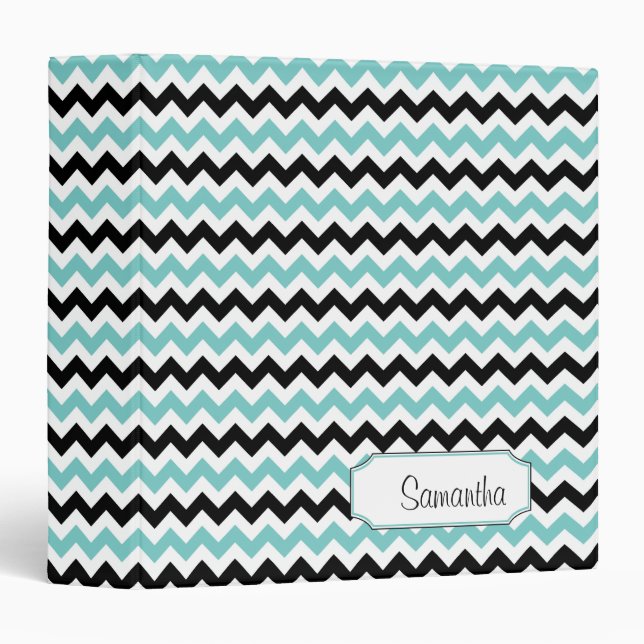 Teal Blue Black White Chevron Pattern Binder (Front/Spine)