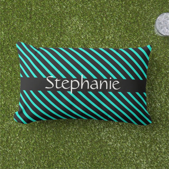 Teal Blue Black White Custom Name Stripes Gift Lumbar Pillow (Grass)