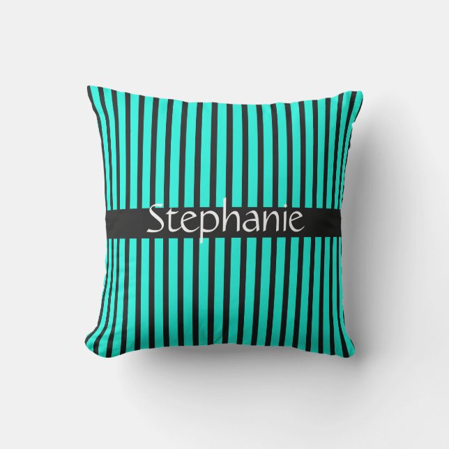 Teal Blue Black White Custom Name Stripes Patterns Outdoor Pillow (Front)