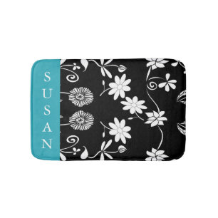 Teal Blue Black & White Floral Pattern Bath Mat