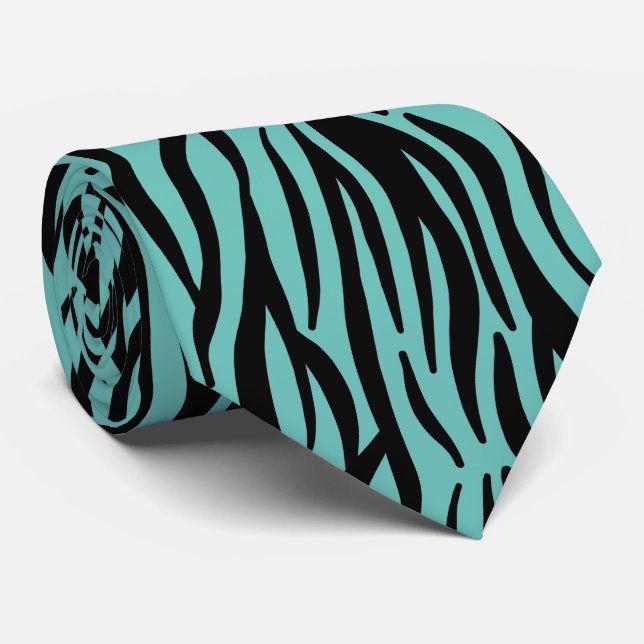 Teal Blue Black Zebra Stripes Colourful Patterns Tie (Rolled)