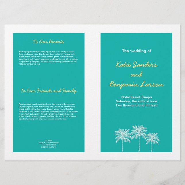 Teal blue block palm trees summer wedding program (Front)