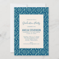 Teal Blue Boho Floral Art Drawing Graduation Party