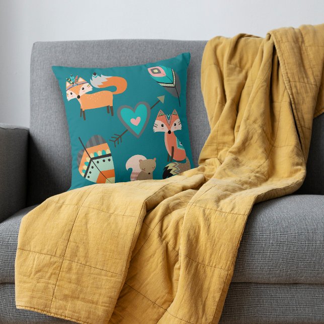Teal Blue Boho Tribal Fox Throw Pillow (Creator Uploaded)