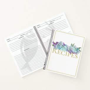 Teal Blue Bouquet Kitchen Shower Personal Recipe Notebook