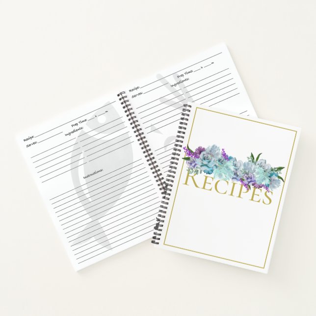 Teal Blue Bouquet Kitchen Shower Personal Recipe Notebook (Inside)