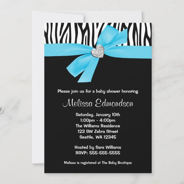 Teal Blue Bow Diamond Heart Zebra Baby Shower Invitation (Front)