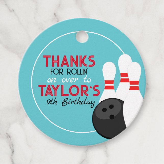 Teal Blue Bowling Birthday Favour Tags (Front)