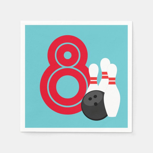 Teal Blue Bowling Birthday Paper Napkins (Front)