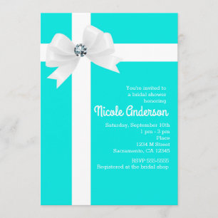 Teal Blue Bridal Shower White Bow & Diamond Invitation