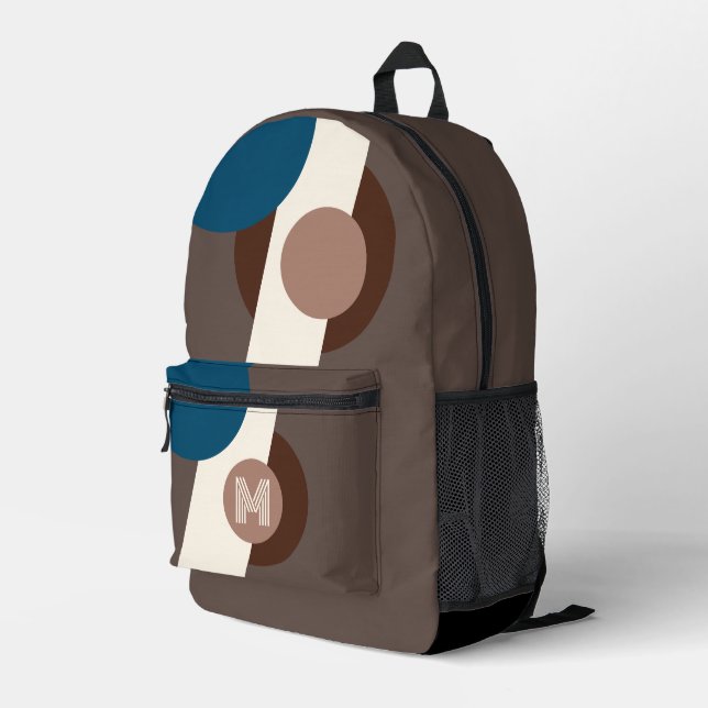 Teal Blue Brown Beige Ivory Retro Shapes Art Printed Backpack (Back Corner Right)