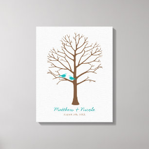 Teal Blue Brown Birds Fingerprint Tree Wedding Canvas Print