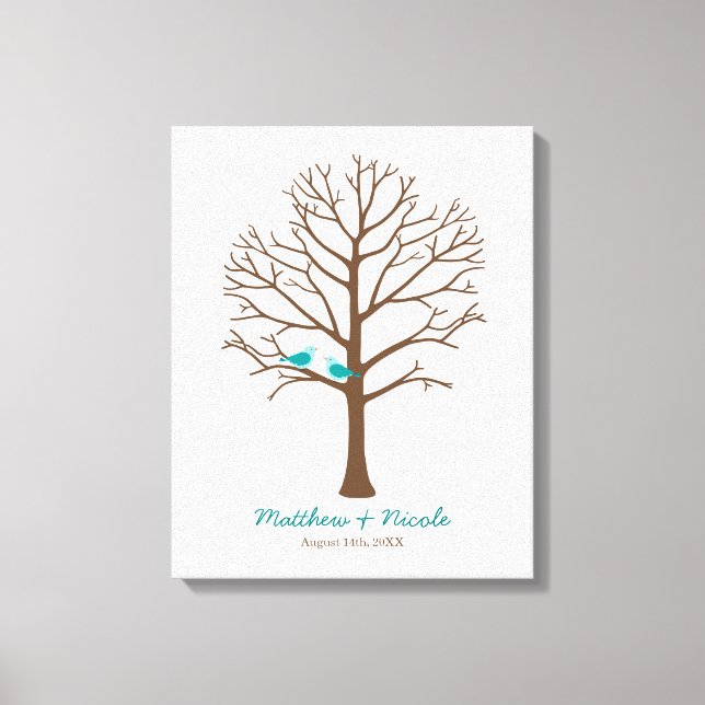 Teal Blue Brown Birds Fingerprint Tree Wedding Canvas Print (Front)