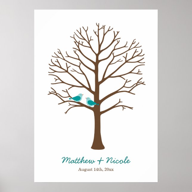 Teal Blue Brown Birds Fingerprint Tree Wedding Poster (Front)