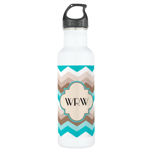 Teal Blue Brown Chevron Modern Monogram 710 Ml Water Bottle (Front)