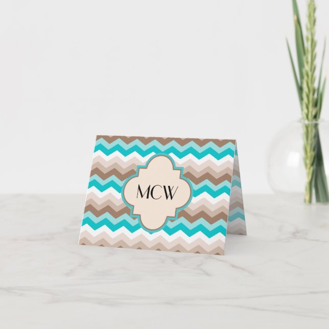 Teal Blue Brown Chevron Modern Monogram Note Card (Front)