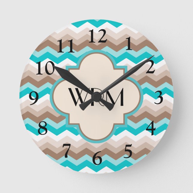 Teal Blue Brown Chevron Modern Monogram Round Clock (Front)