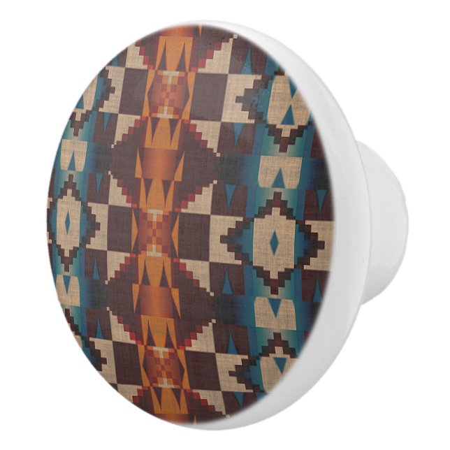 Teal Blue Brown Dark Red Rust Orange Tribal Art Ceramic Knob (Right)
