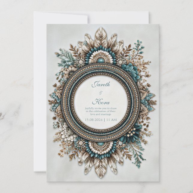 Teal Blue Brown Feather Floral Rustic Wedding Invitation (Front)