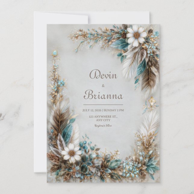 Teal Blue Brown Feather White Floral Wedding Invitation (Front)