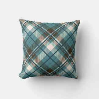 Teal Blue Brown Plaid Throw Pillow