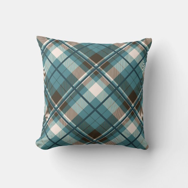 Teal Blue Brown Plaid Throw Pillow (Front)