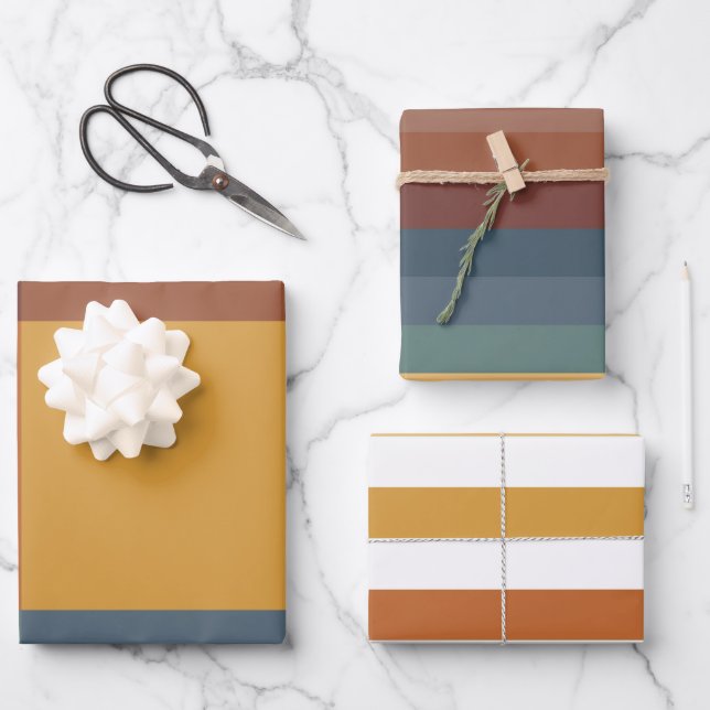 TEAL BLUE BROWN TAN YELLOW FALL AUTUMN PATTERNS WRAPPING PAPER SHEET (Front)