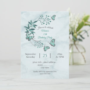 teal blue butterflies botanicals birthday party invitation