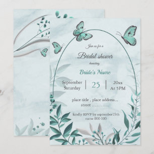 teal blue butterflies & leaves bridal shower  invi invitation
