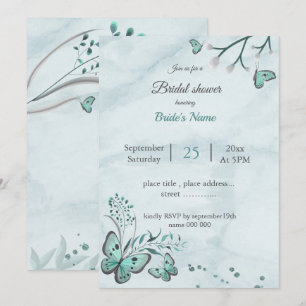 teal blue butterflies & leaves bridal shower  invitation