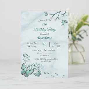 teal blue butterflies leaves floral birthday party invitation