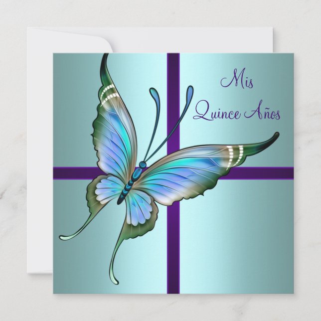 Teal Blue Butterfly Quinceanera Invitation (Front)