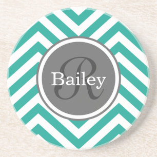 Teal Blue Chevron Monogram Coaster