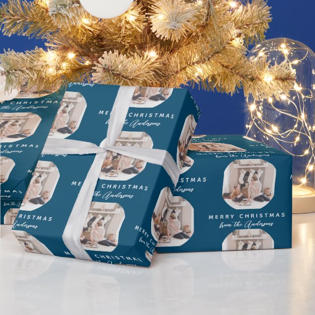 Teal Blue Chic Merry Christmas Family Name Photo Wrapping Paper (Holidays)
