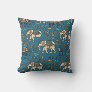 Teal Blue Chinoiserie Elephant Pillow
