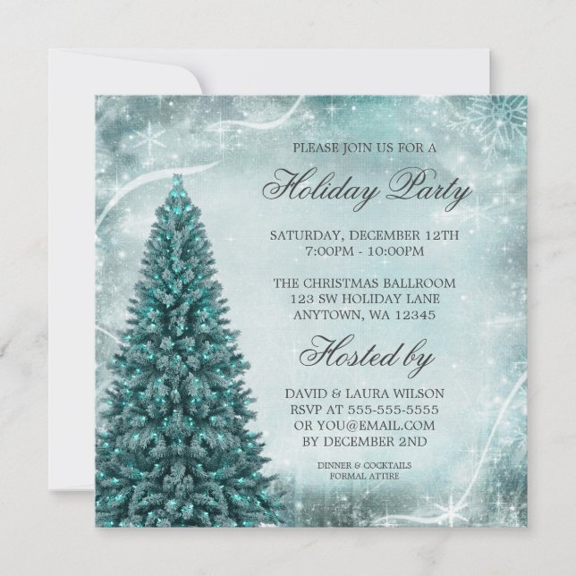 Teal Blue Christmas Tree Holiday Party Invitation (Front)