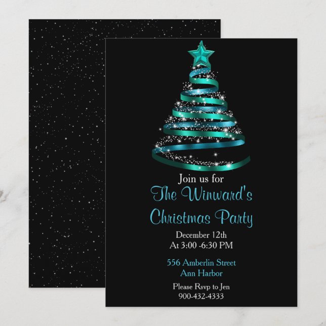 Teal Blue Christmas Tree Invitation (Front/Back)